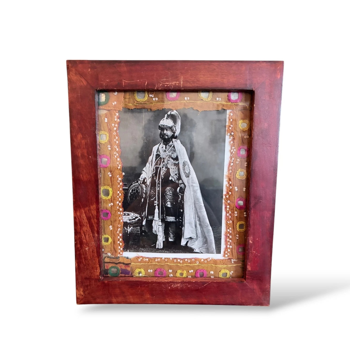 Framed Mughal Portrait with Embroidered Textile Mount – Vintage Artwork