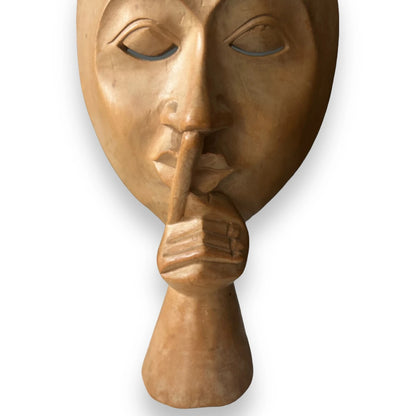Vintage 1980s Mask of Silence Wood Sculpture