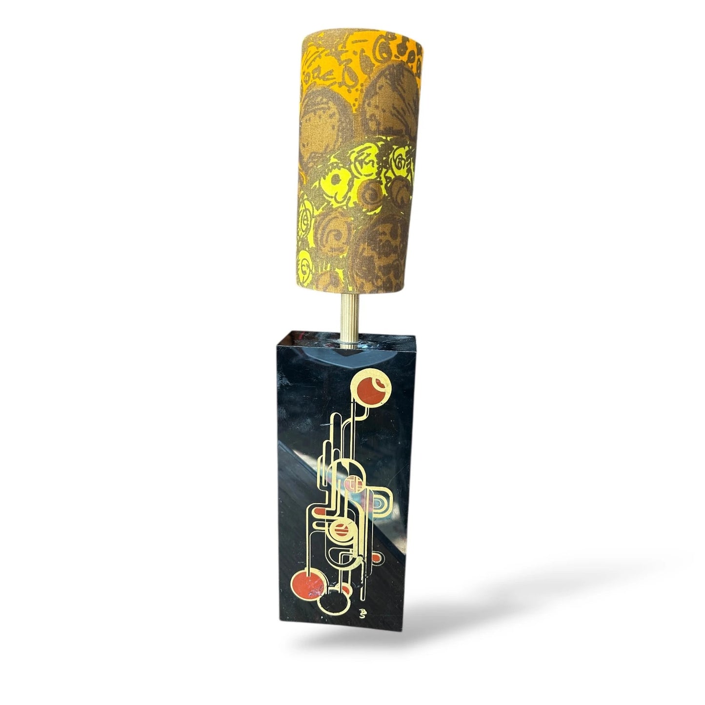 Vintage 1970s Black Geometric Table Lamp with Patterned Shade – Retro Mid Century Modern Lighting