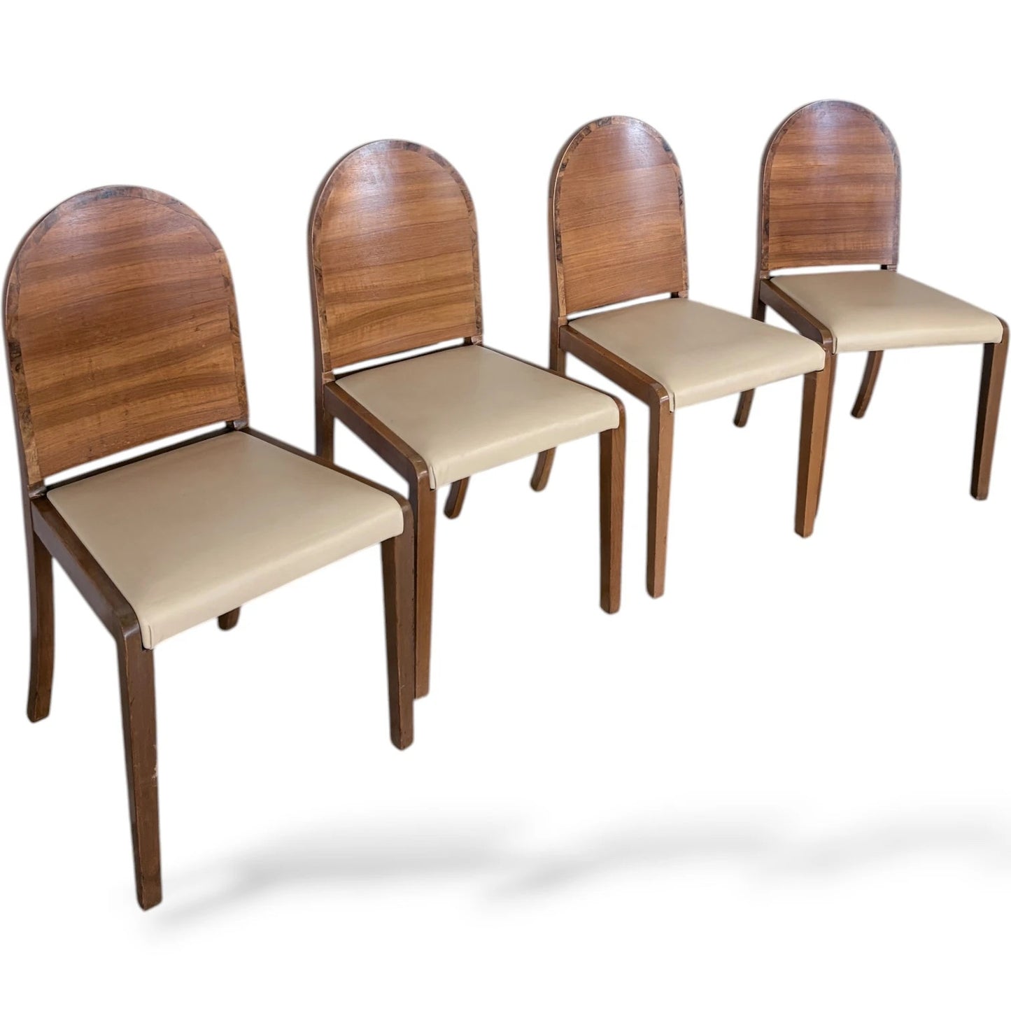 Art Deco Dining Chairs – Walnut Set of Four with Cream Upholstery, Vintage Style