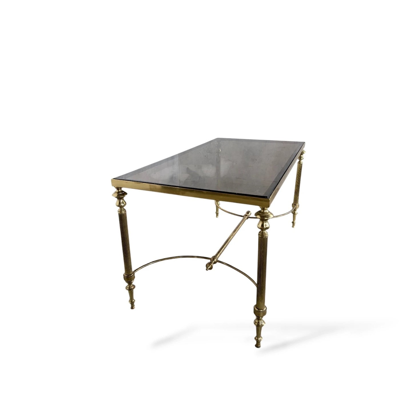 Vintage Brass and Smoked Glass Coffee Table – Hollywood Regency Rectangular Table Mid-Century