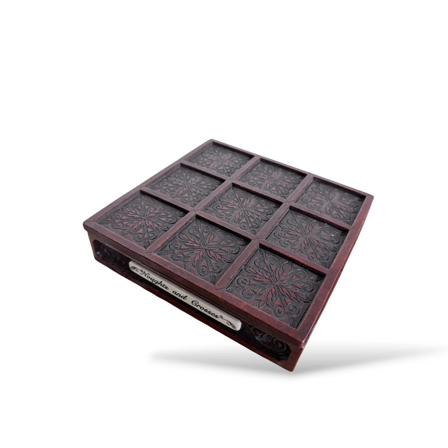 Carved Wood & Tile Noughts and Crosses Game – Vintage Tic Tac Toe Set