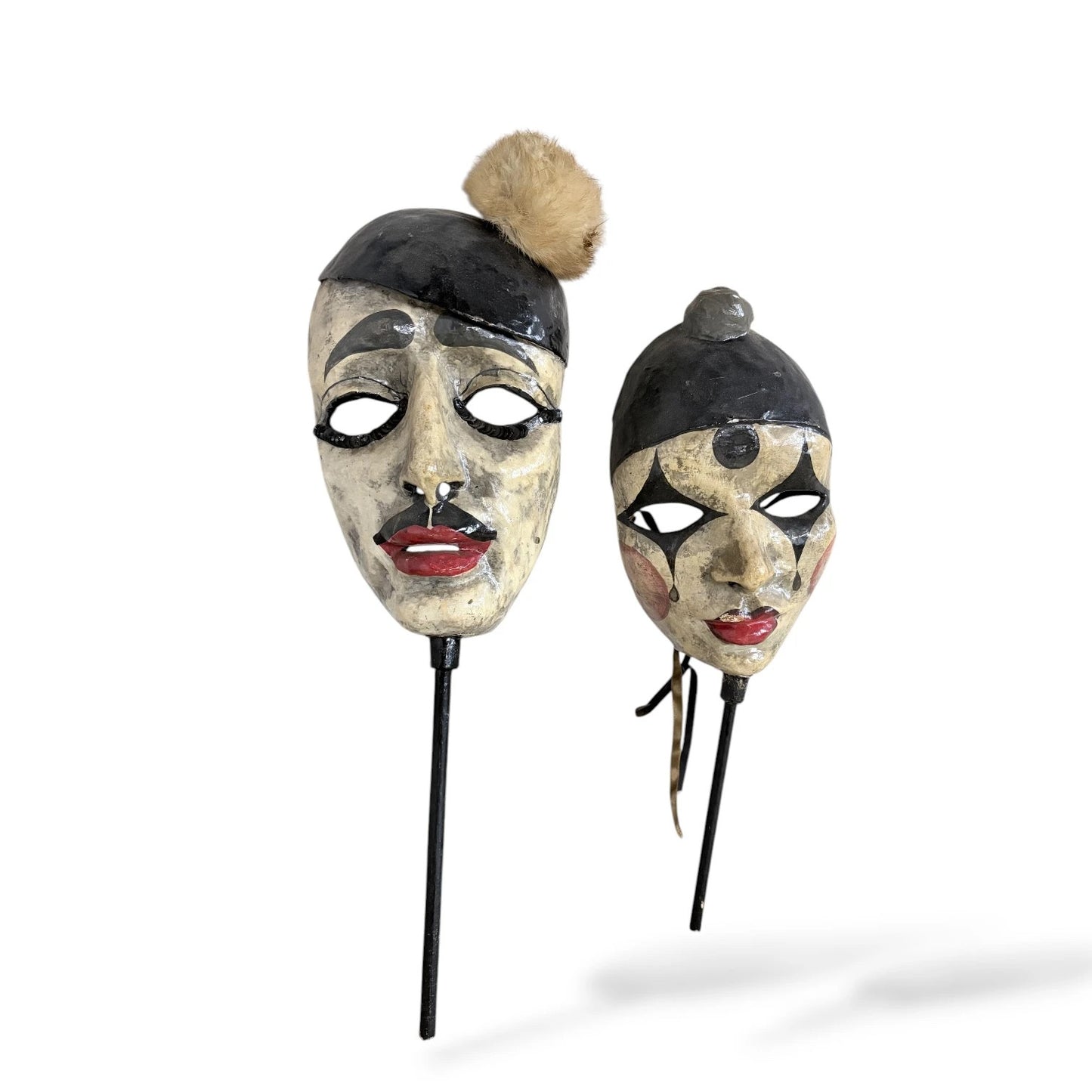 Pair of Vintage Puppet Head Masks – Papier-Mâché Theatre Figures