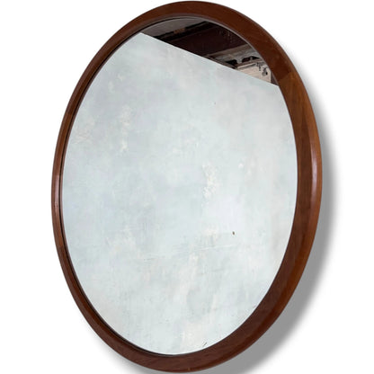Mid Century Teak Mirror - Danish Round Wall Mirror with Solid Frame, Vintage