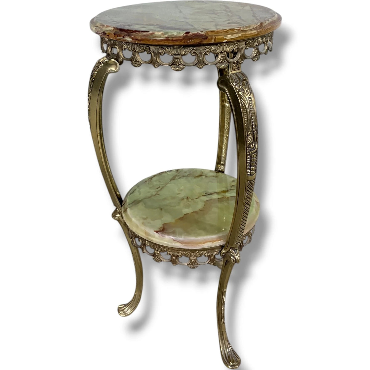 Vintage Onyx Plant Stand – Two Tier Green Onyx Shelves | Ornate Brass Frame
