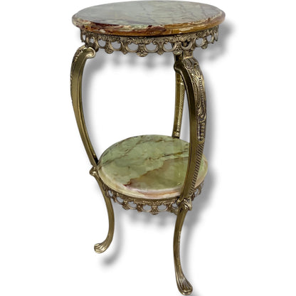 Vintage Onyx Plant Stand – Two Tier Green Onyx Shelves | Ornate Brass Frame