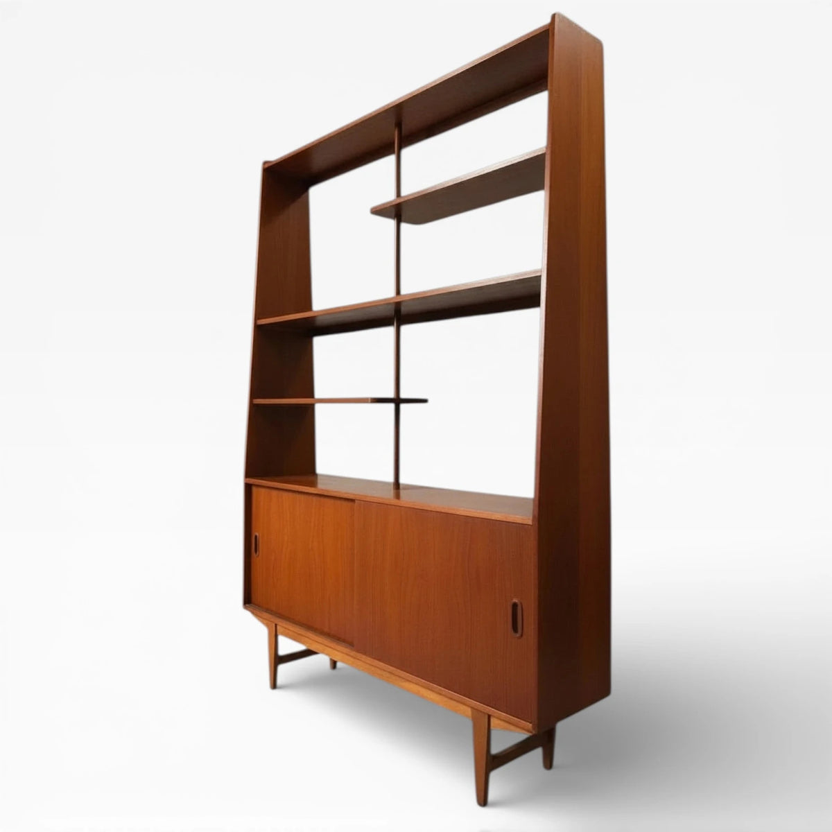 Mid Century Room Divider | Teak Shelving Unit with Sliding Door Cabinet