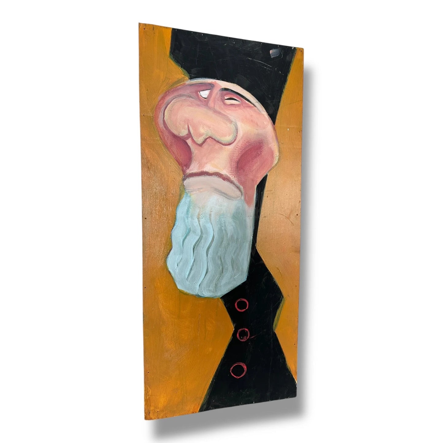 Vintage Old Man Portrait Painting – Whimsical Caricature Style Folk Art