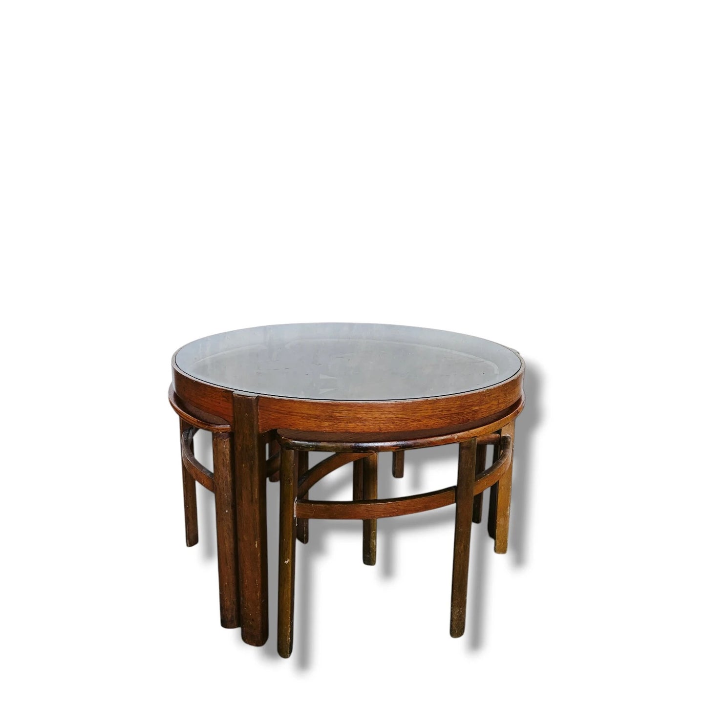 Nathan “Trinity” Nest of Tables – Mid-Century Teak with Smoked Glass Top