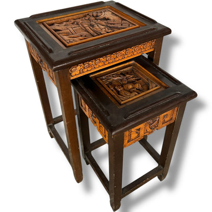 Pair of Vintage Chinese Camphor Wood Bedside Tables – Hand Carved Oriental Nightstands