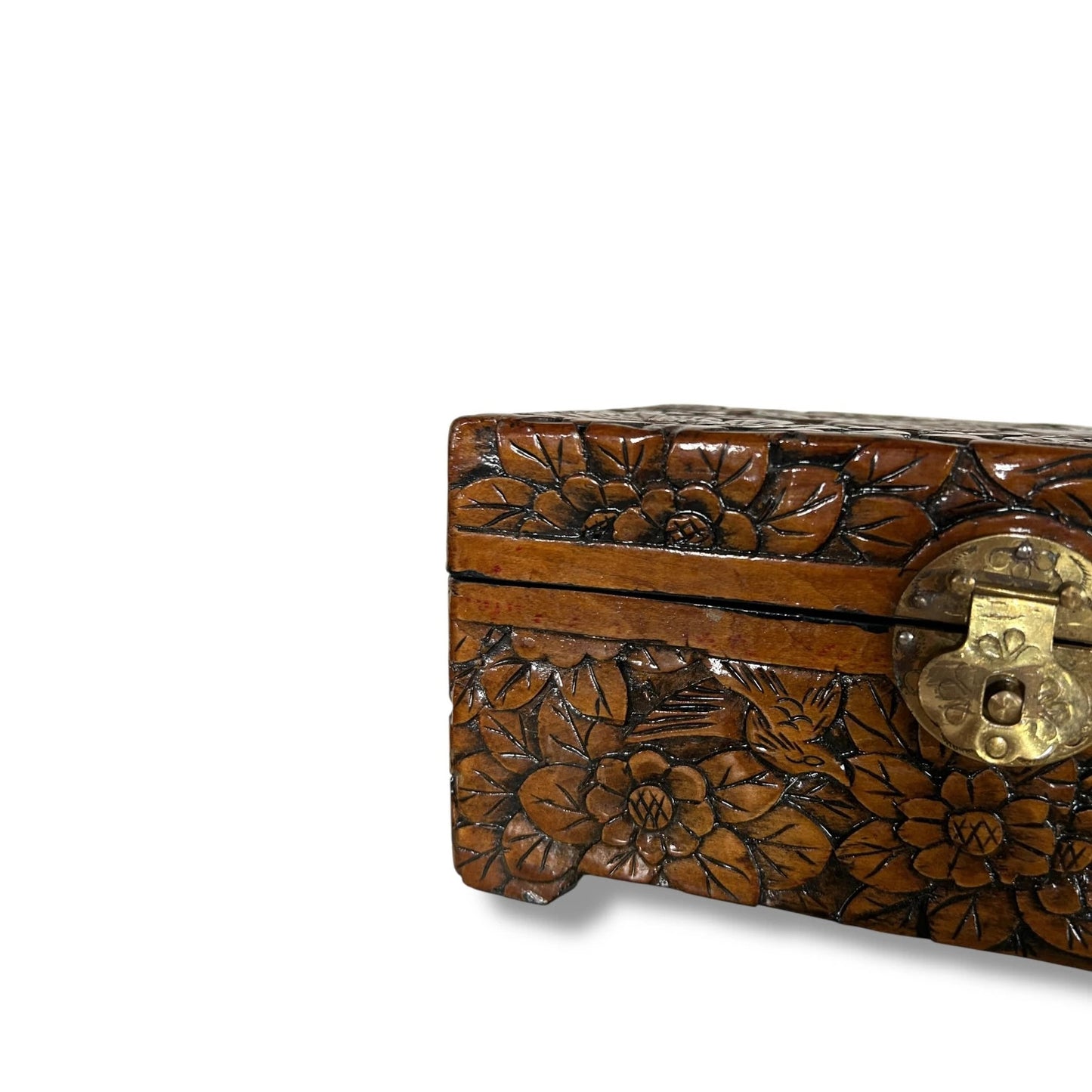 Vintage Hand-Carved Wooden Jewelry Box with Brass Clasp