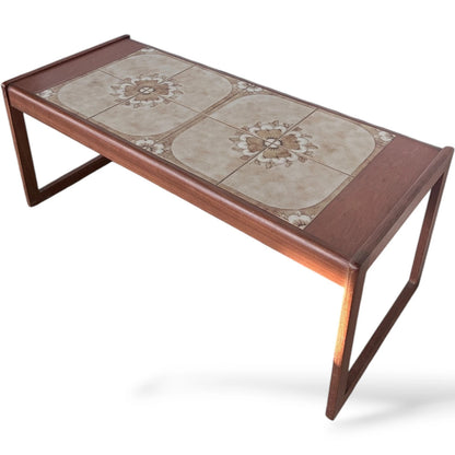 Mid-Century Coffee Table - Tile Top Table with Floral Ceramic Inset & Wooden Frame