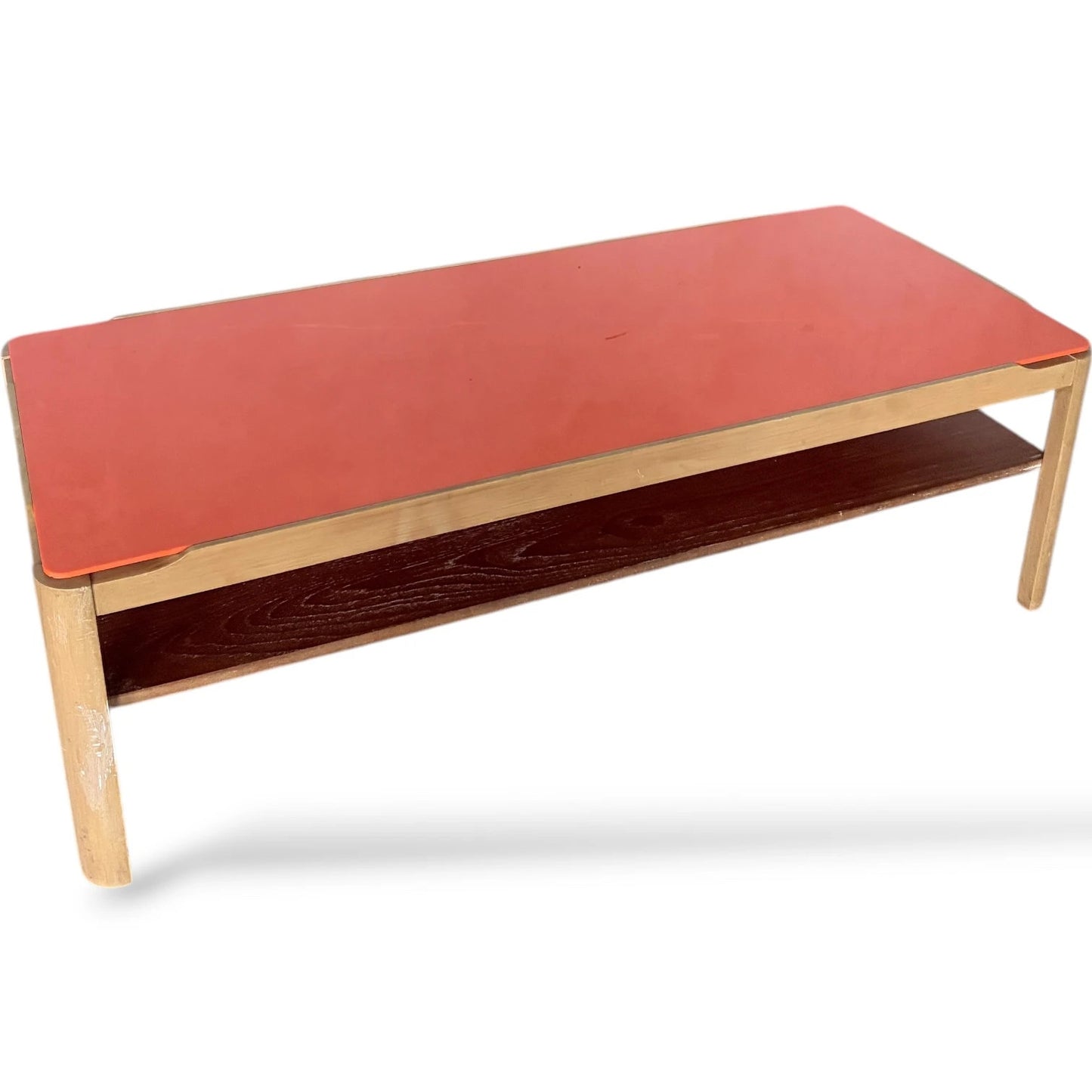 Mid Century Coffee Table – Custom Myers Orange Acrylic & Teak Two Tier Design — view 3