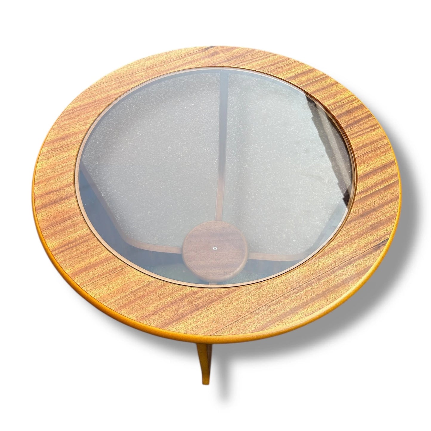 Mid Century Modern Teak and Smoked Glass Round Coffee Table