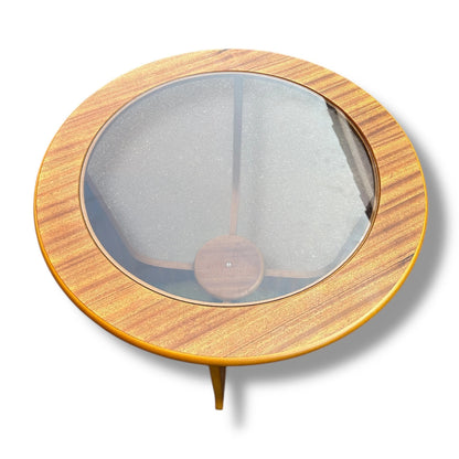 Mid Century Modern Teak and Smoked Glass Round Coffee Table