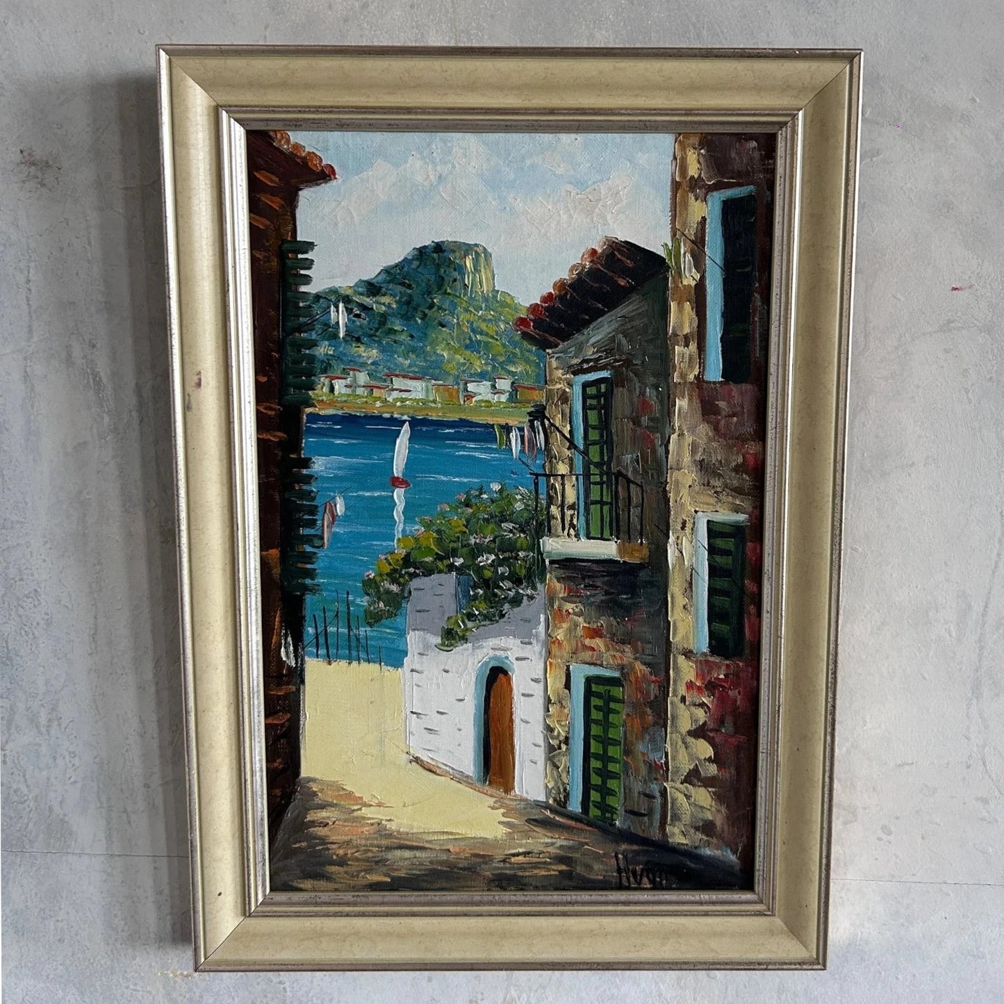 1970s Mediterranean Oil Painting – Framed Coastal Street Scene, Signed