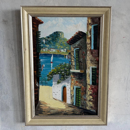 1970s Mediterranean Oil Painting – Framed Coastal Street Scene, Signed