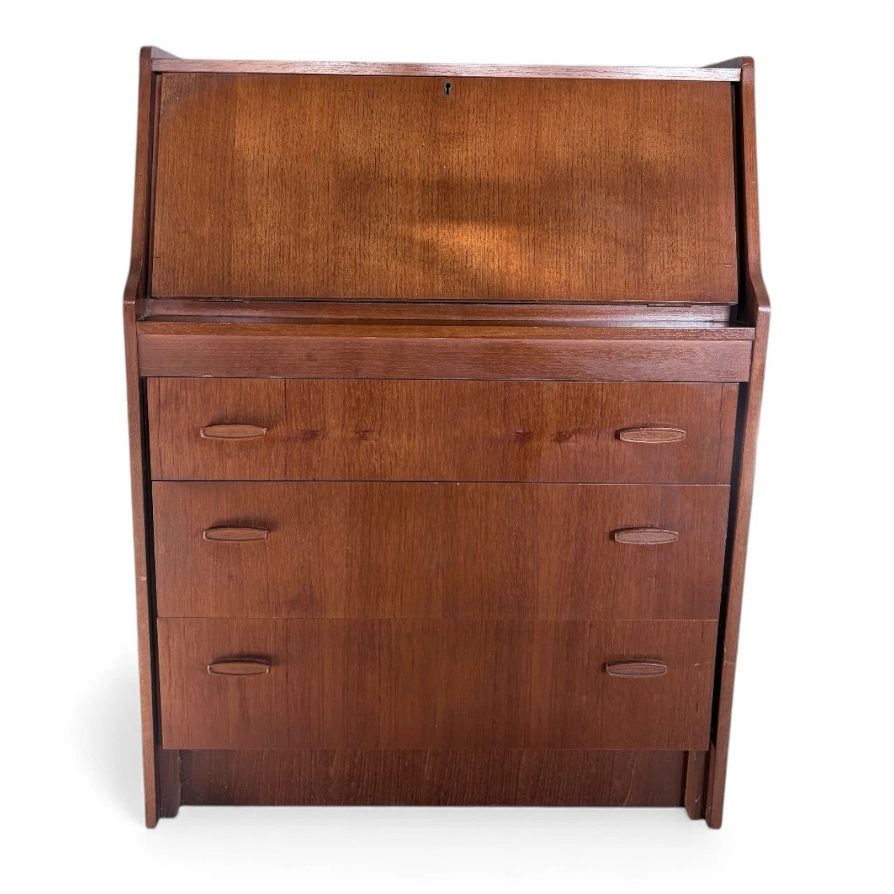 Mid Century Teak Bureau – Danish Modern Desk With Teak Wood Drawers & Drop Front — view 3