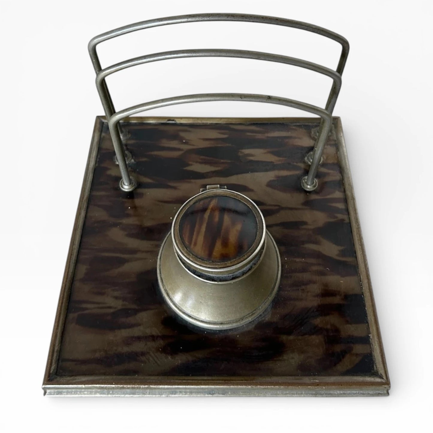 Tortoiseshell Ink Well | 19th Century Antique Desk Organiser with Aged Metal Detailing