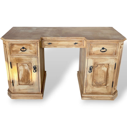 Vintage Pine Writing Desk – Rustic Farmhouse Pedestal Desk with Cupboards & Storage Drawers