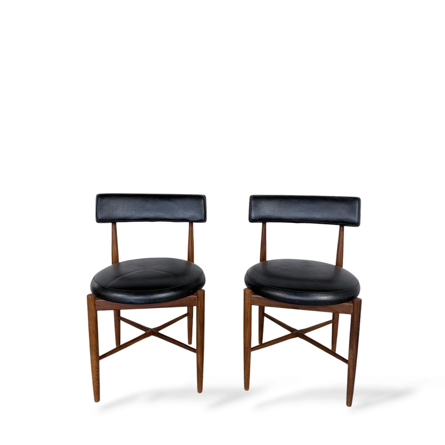 Pair of G Plan Afromosia Teak Dining Chairs – Black Vinyl Seats, 1960s Mid-Century Modern