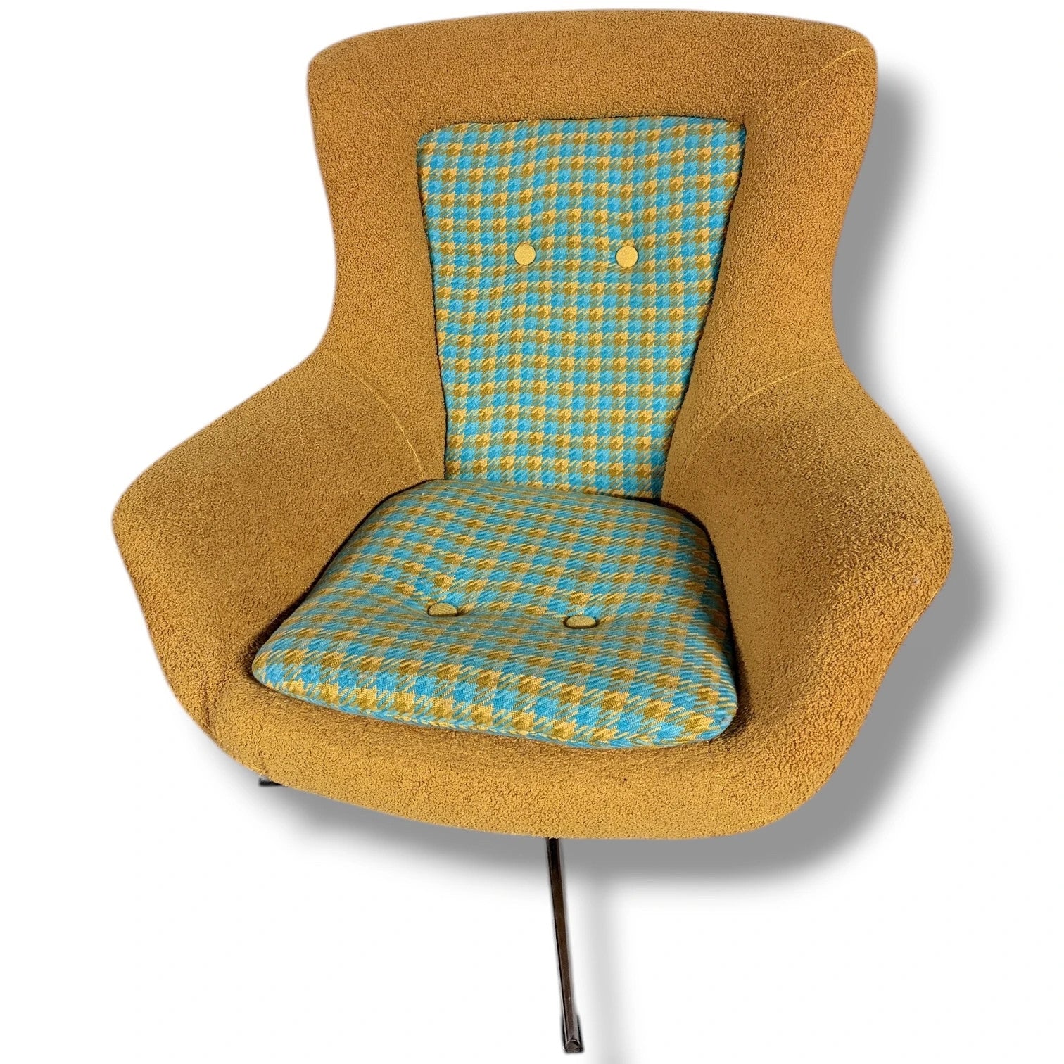 Mid-Century Swivel Chair - Mustard Fabric Lounge With Patterned Cushions & Chrome Base — view 3
