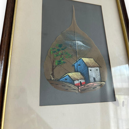 Vintage 1970s Hand Painted Leaf Framed Art