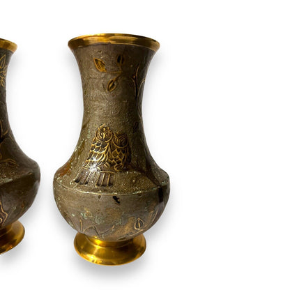 Vintage 1960s Pair of Owls Art Brass Vases