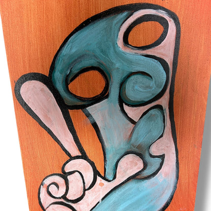 Vintage Abstract Painting – Outsider Art Portrait with Peace Sign – Mid Century Modern