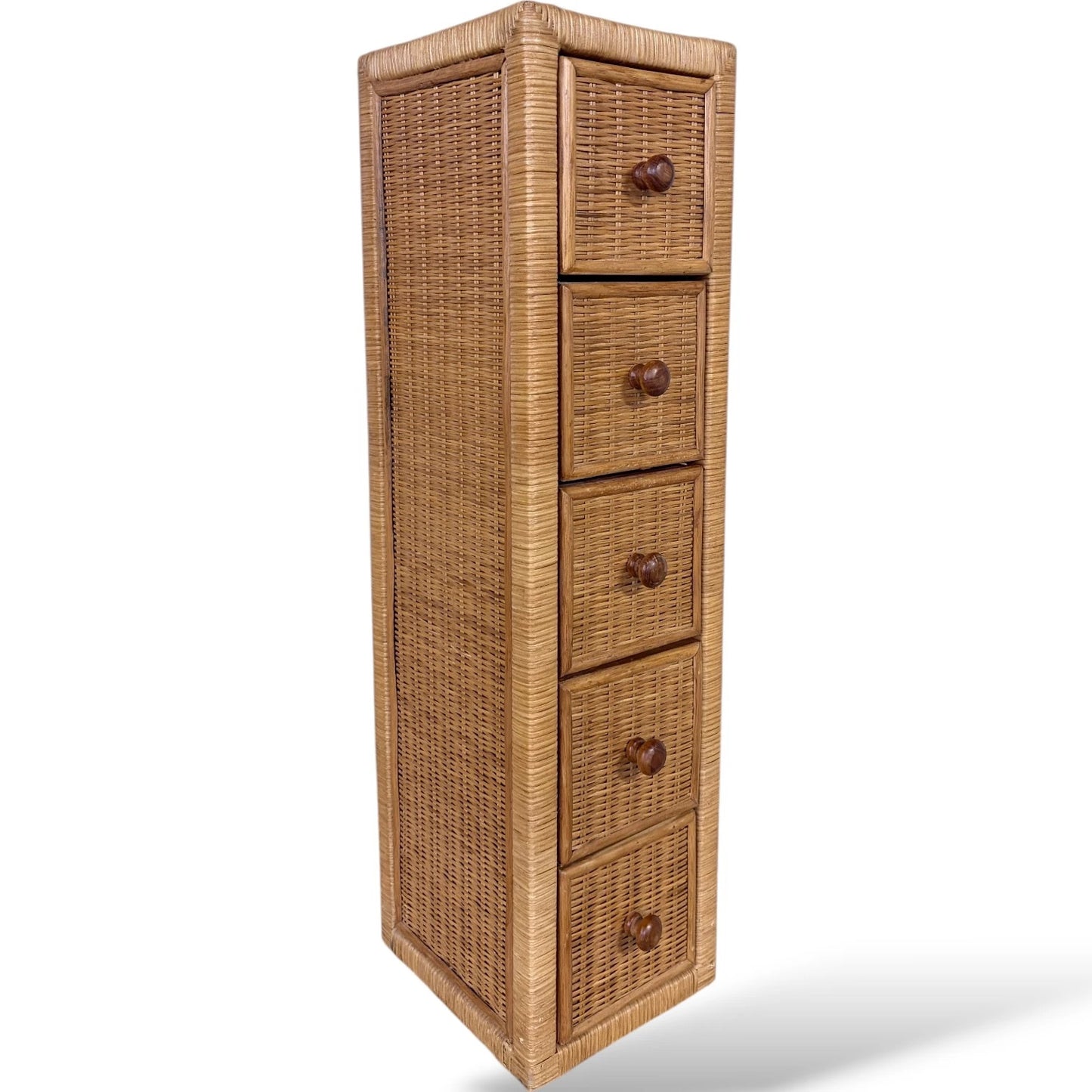 Vintage Wicker Tallboy Drawers – 1970s Natural Rattan Storage Unit Tallboy