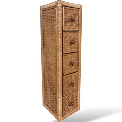 Vintage Wicker Tallboy Drawers – 1970s Natural Rattan Storage Unit Tallboy