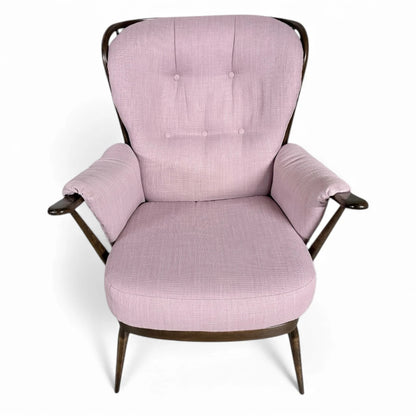 Ercol Everest Armchair – Mid Century Dark Beech Frame | Dusty Pink Upholstery