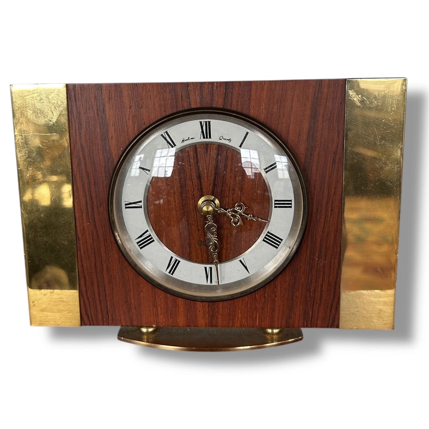 Mid Century Modern Teak Wood and Brass Table Clock