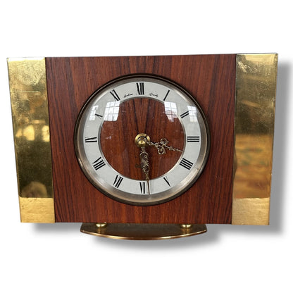 Mid Century Modern Teak Wood and Brass Table Clock