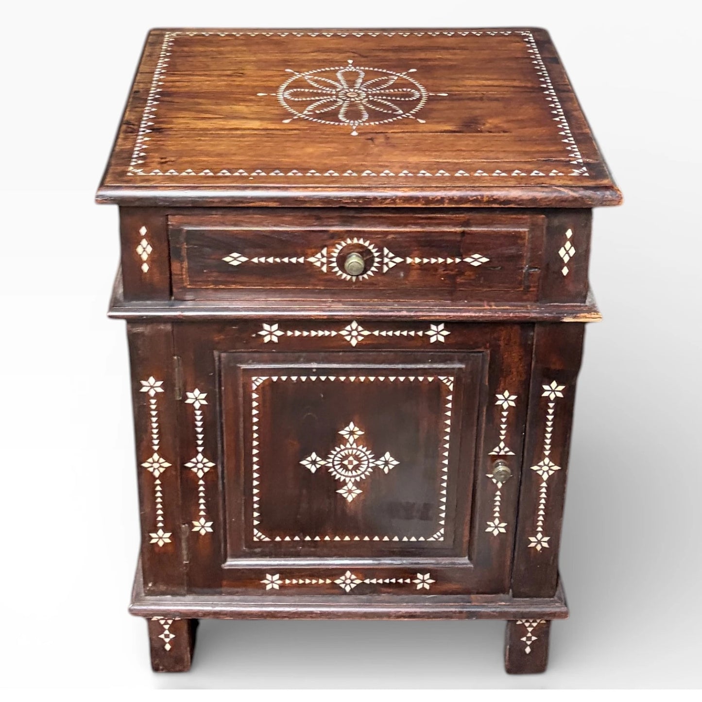 Syrian Mahogany Bedside Cabinet – Handcrafted 19th Century Furniture with Mother of Pearl Inlay