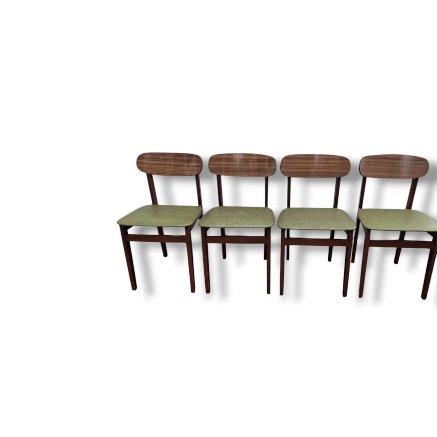 Mid Century Dining Chairs - Set of Four Teak Frames with Green Vinyl Seats