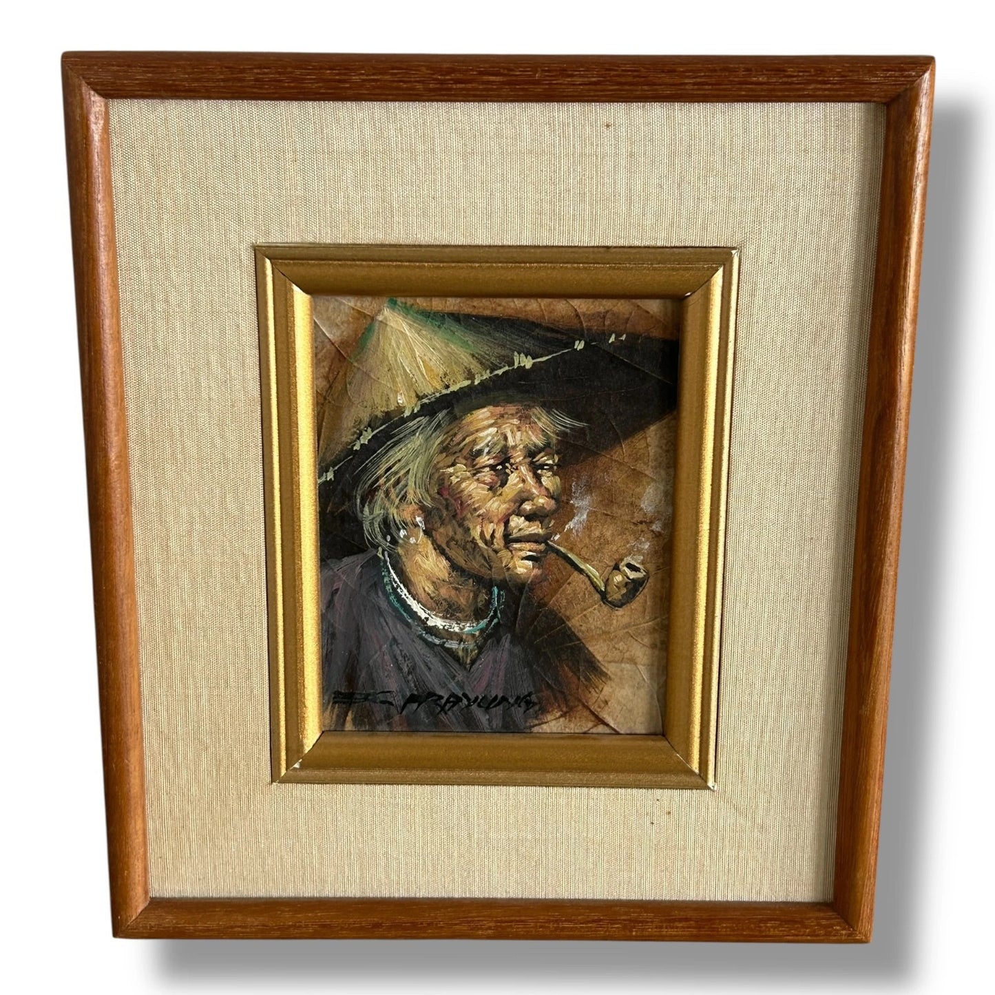 Pair of Vintage Tibetan Leaf Art Paintings – Framed Asian Folk Portraits