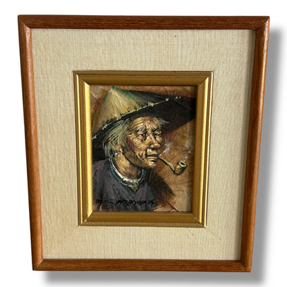 Pair of Vintage Tibetan Leaf Art Paintings – Framed Asian Folk Portraits