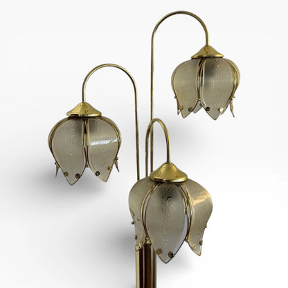 Art Deco Floor Lamp – Hollywood Regency Brass Lotus Lamp with Sculptural Glass Shades