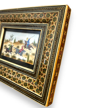 Vintage 1960s Persian Khatam Battle Scene Framed Painting