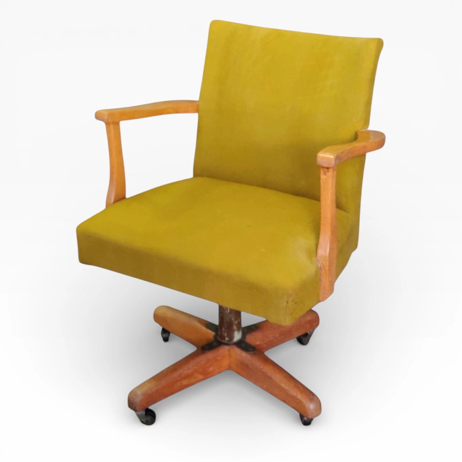 Vintage Swivel Desk Chair - Solid Oak Frame, Mustard Yellow Upholstery, Compact Design — view 3