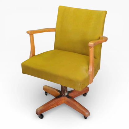 Vintage Swivel Desk Chair - Solid Oak Frame, Mustard Yellow Upholstery, Compact Design — view 3