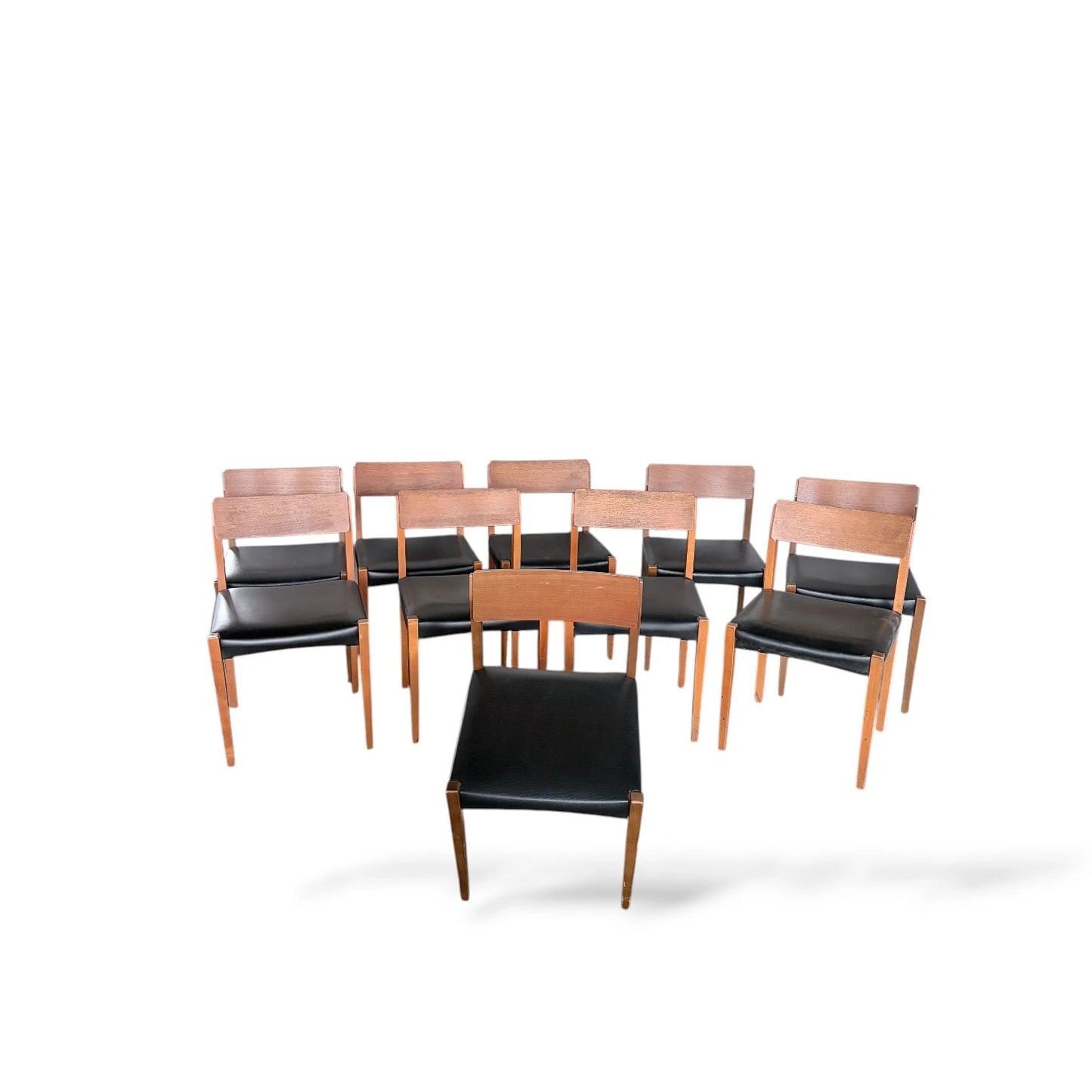 Set of Ten Teak Dining Chairs | Mid-Century Modern | Black Vinyl Seats
