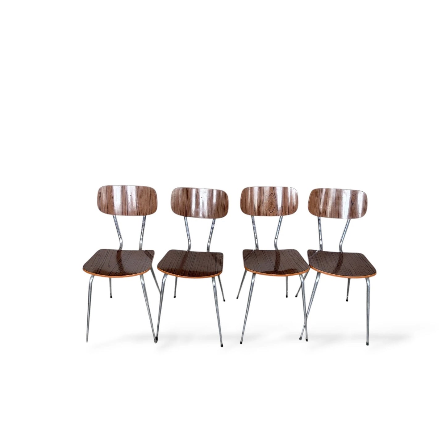 Set of Four Brown Formica Dining Chairs | Mid-Century Modern | Chrome Legs