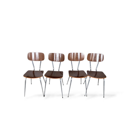 Set of Four Brown Formica Dining Chairs | Mid-Century Modern | Chrome Legs
