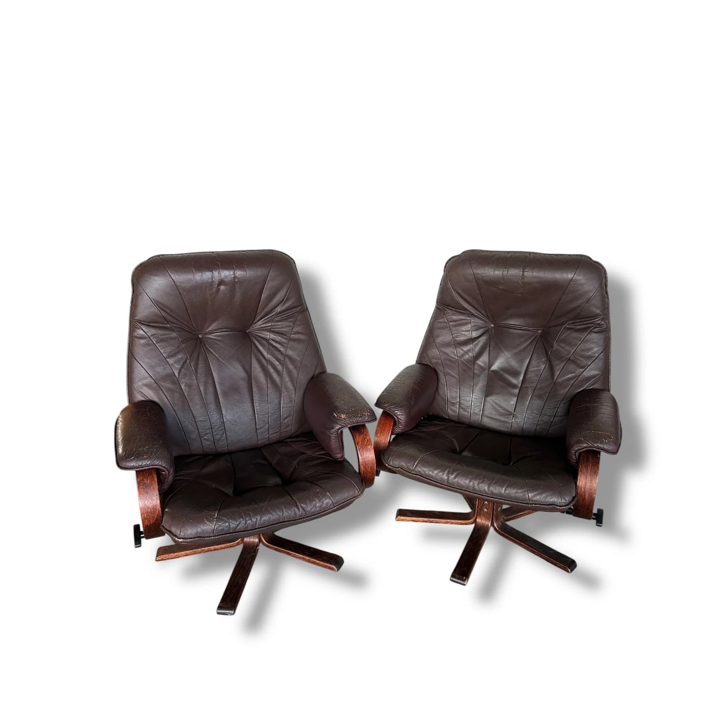 Pair of Vintage Brown Leather Reclining Swivel Armchairs – Danish Stressless Style Chairs