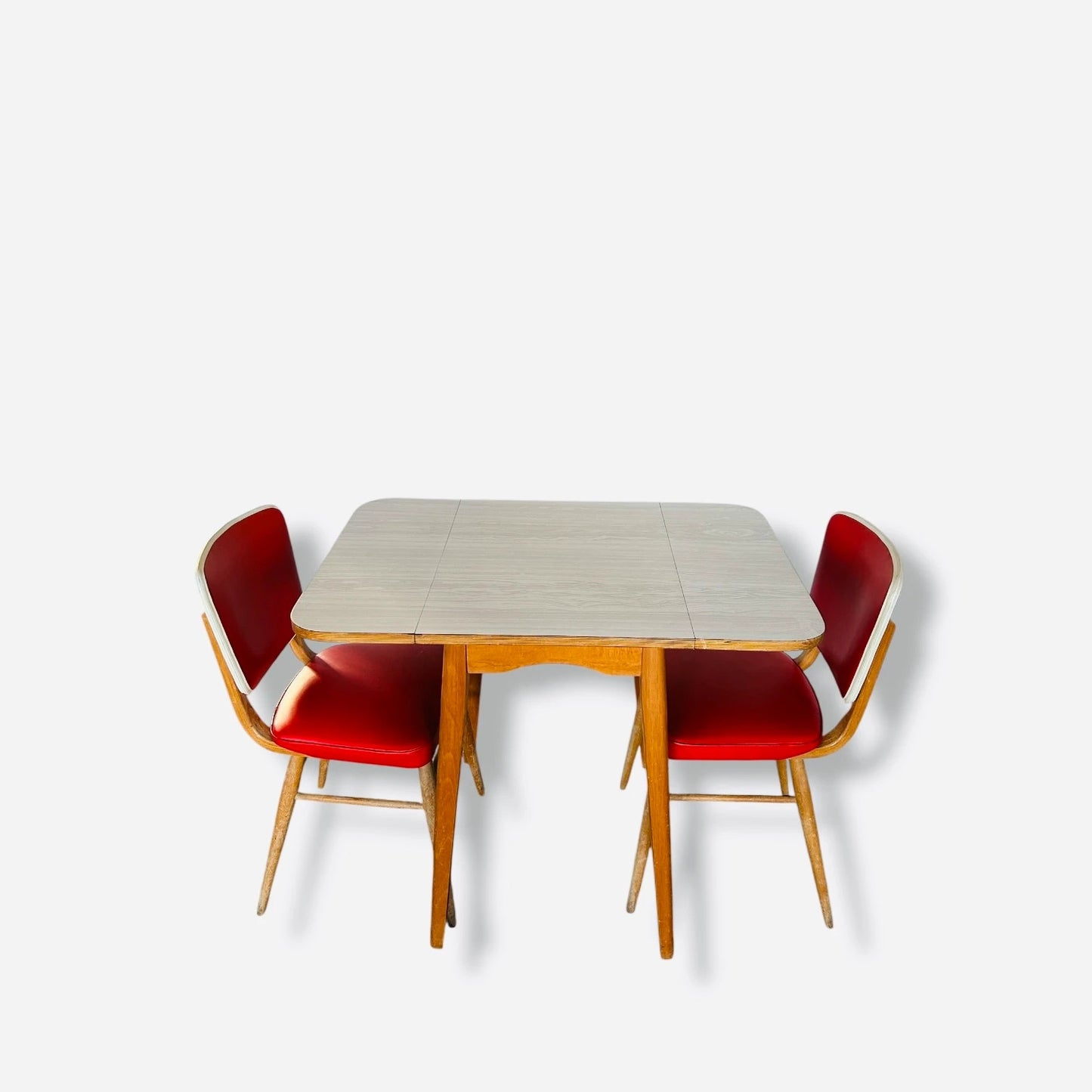 Mid Century Modern Taupe Formica Drop Leaf Table & Red Vinyl Chairs Dining Set
