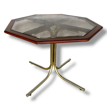 Mid Century Modern Italian Octagonal Smoked Glass Brass and Teak Dining Table