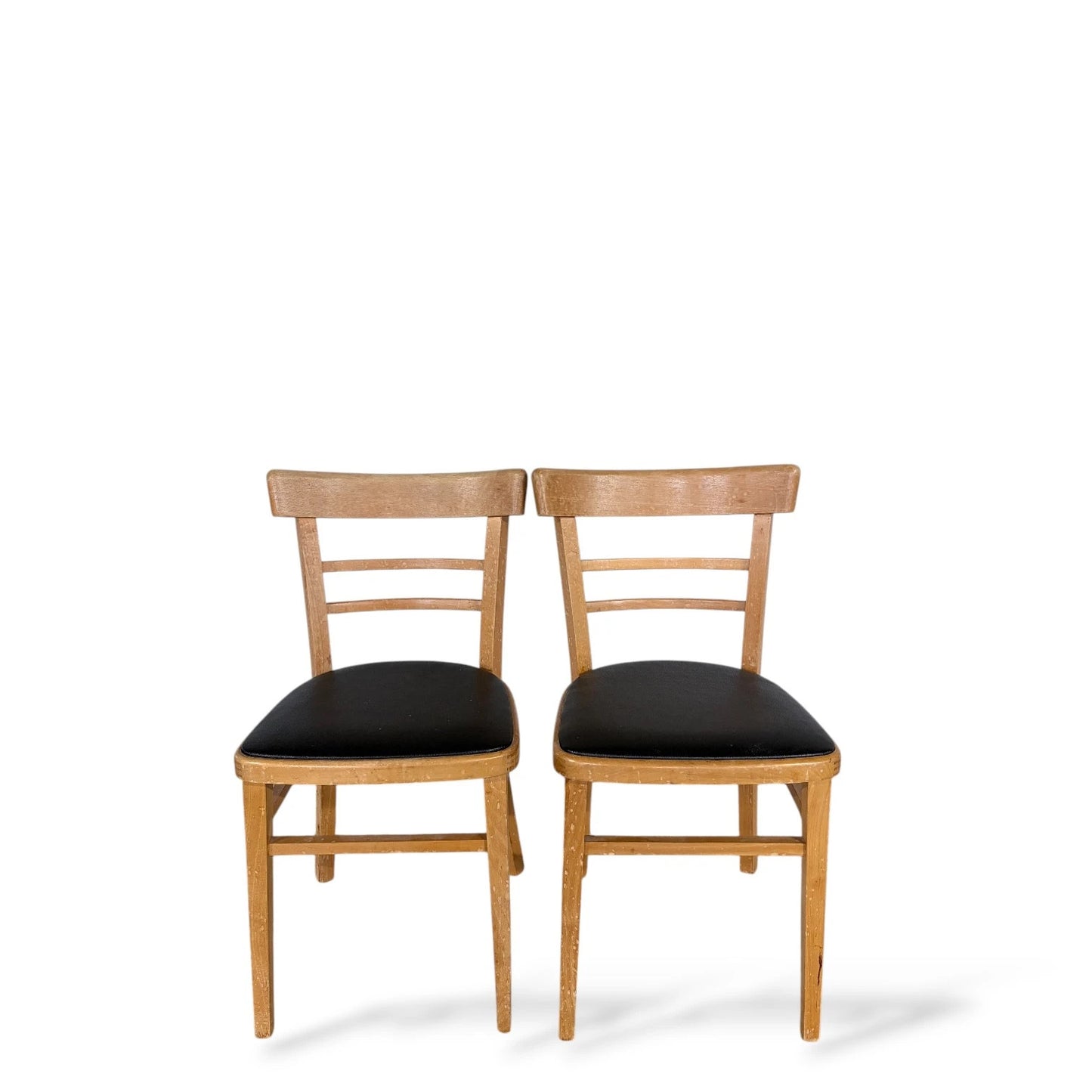 Pair of Vintage Beech Dining Chairs with Black Vinyl Seats – Mid-Century