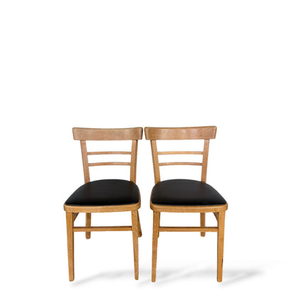 Pair of Vintage Beech Dining Chairs with Black Vinyl Seats – Mid-Century